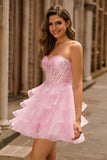 Sparkly Pink Corset Ruffled Sweetheart Short Homecoming Dress with Lace