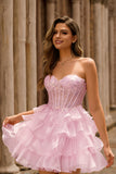 Sparkly Pink Corset Ruffled Sweetheart Short Homecoming Dress with Lace
