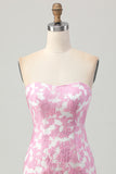 Pink Jacquard Floral Strapless Detachable Sleeves Tight Short Homecoming Dress
