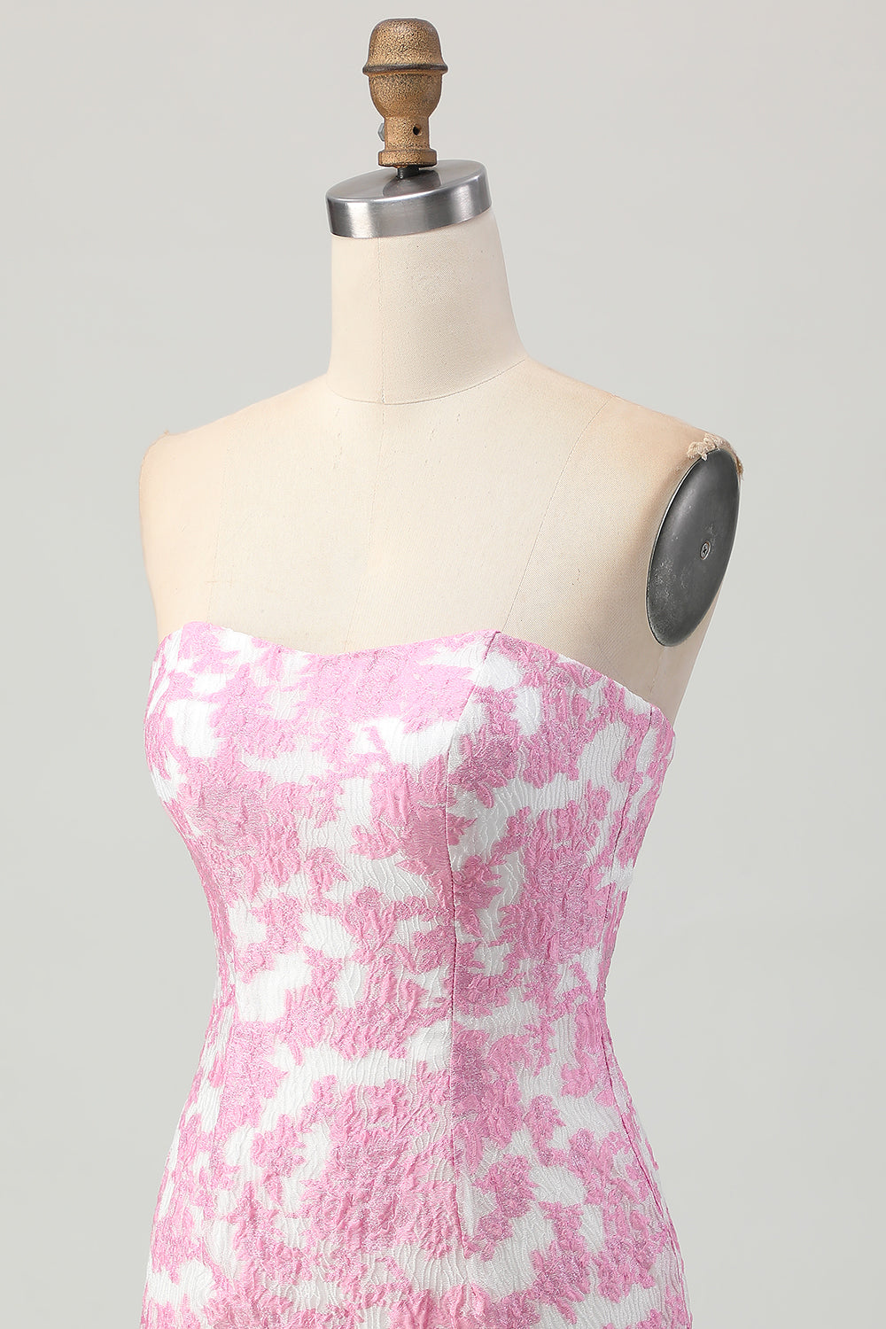 Pink Jacquard Floral Strapless Detachable Sleeves Tight Short Homecoming Dress