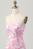 Pink Jacquard Floral Strapless Detachable Sleeves Tight Short Homecoming Dress