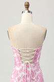 Pink Jacquard Floral Strapless Detachable Sleeves Tight Short Homecoming Dress