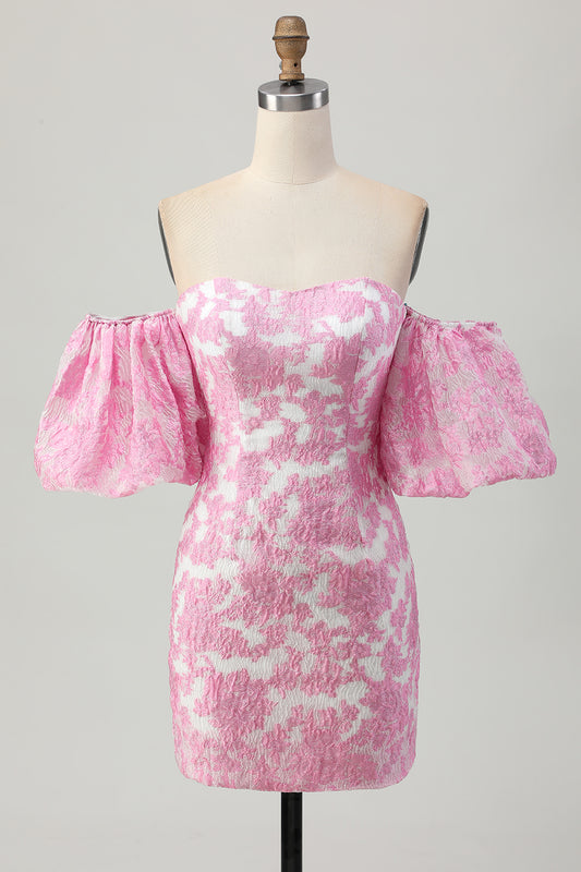 Pink Jacquard Floral Strapless Detachable Sleeves Tight Short Homecoming Dress