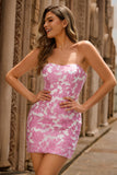 Pink Floral Tight Jacquard Strapless Detachable Sleeves Short Homecoming Dress