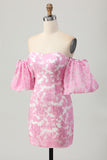 Pink Jacquard Floral Strapless Detachable Sleeves Tight Short Homecoming Dress