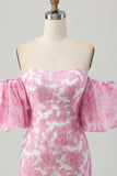 Pink Jacquard Floral Strapless Detachable Sleeves Tight Short Homecoming Dress