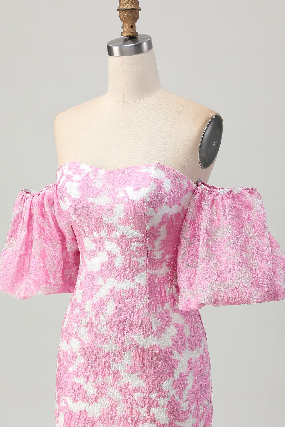 Pink Jacquard Floral Strapless Detachable Sleeves Tight Short Homecoming Dress