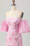 Pink Jacquard Floral Strapless Detachable Sleeves Tight Short Homecoming Dress