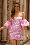 Pink Floral Tight Jacquard Strapless Detachable Sleeves Short Homecoming Dress