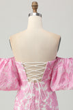 Pink Jacquard Floral Strapless Detachable Sleeves Tight Short Homecoming Dress