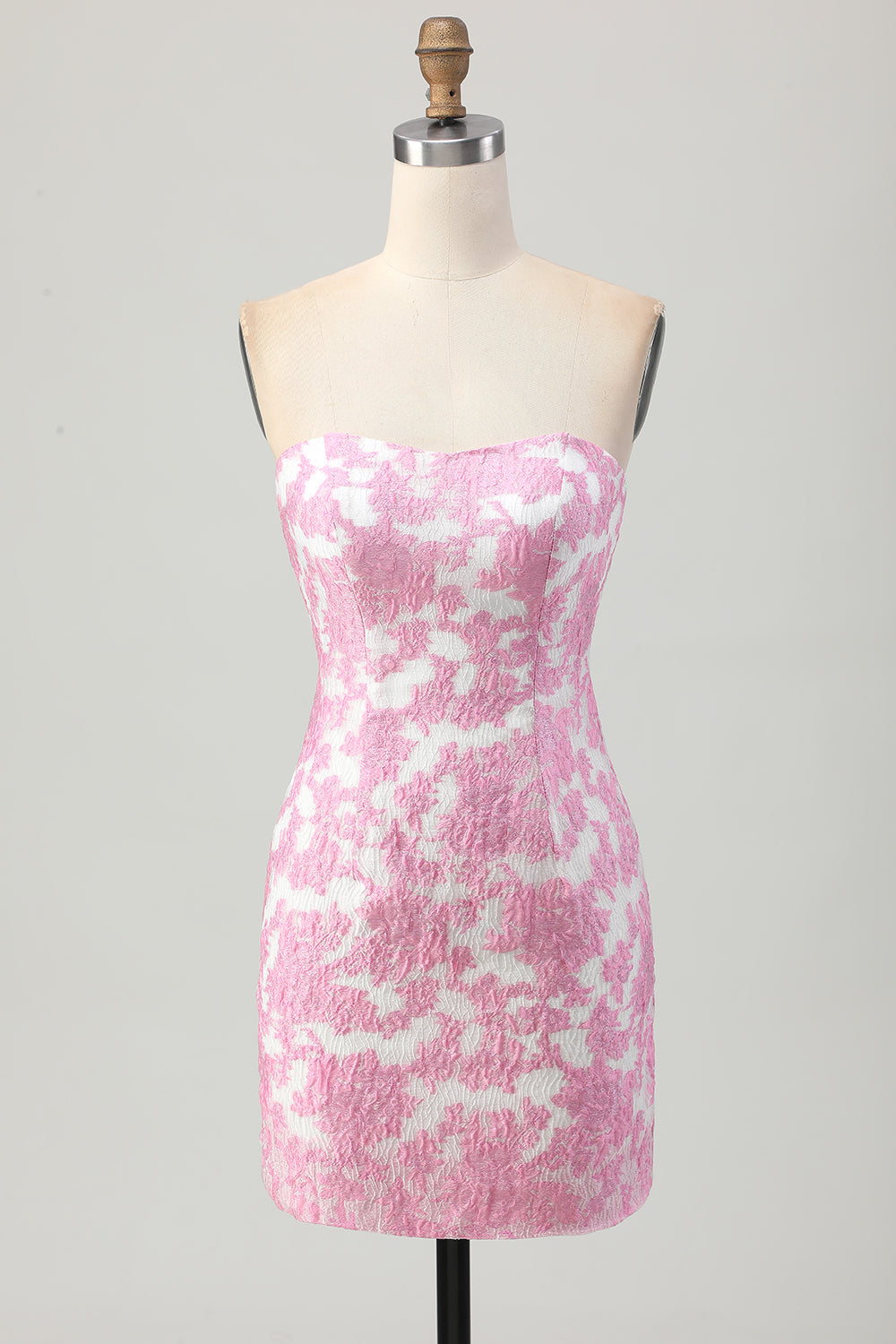 Pink Jacquard Floral Strapless Detachable Sleeves Tight Short Homecoming Dress