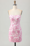 Pink Jacquard Floral Strapless Detachable Sleeves Tight Short Homecoming Dress