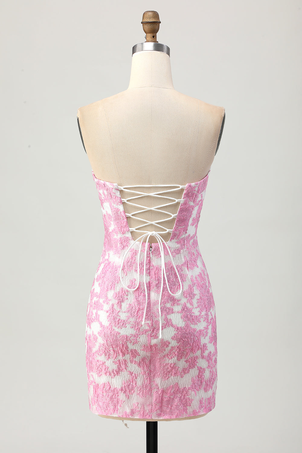 Pink Jacquard Floral Strapless Detachable Sleeves Tight Short Homecoming Dress