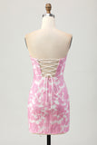 Pink Jacquard Floral Strapless Detachable Sleeves Tight Short Homecoming Dress