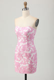 Pink Jacquard Floral Strapless Detachable Sleeves Tight Short Homecoming Dress