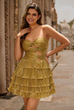 Sparkly Golden Floral Metallic Sweetheart Short Homecoming Dress with Pleated