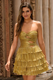 Sparkly Golden Floral Metallic Sweetheart Short Homecoming Dress with Pleated