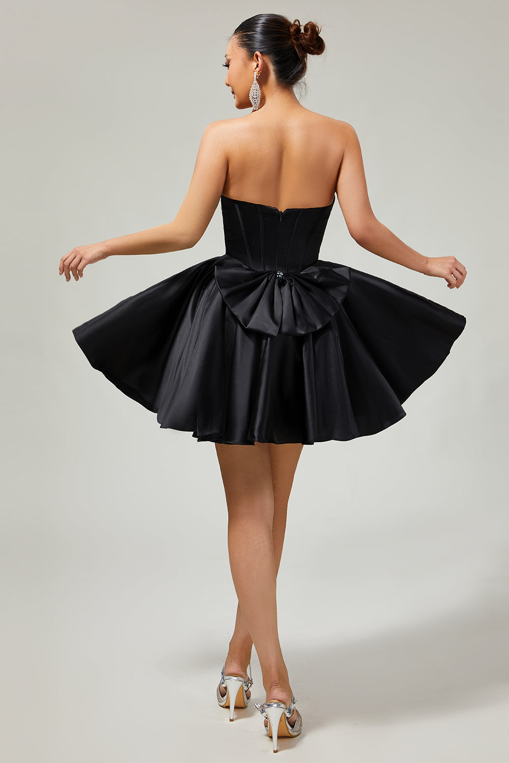 Sparkly Black Satin Corset Short Homecoming Dress with Bow