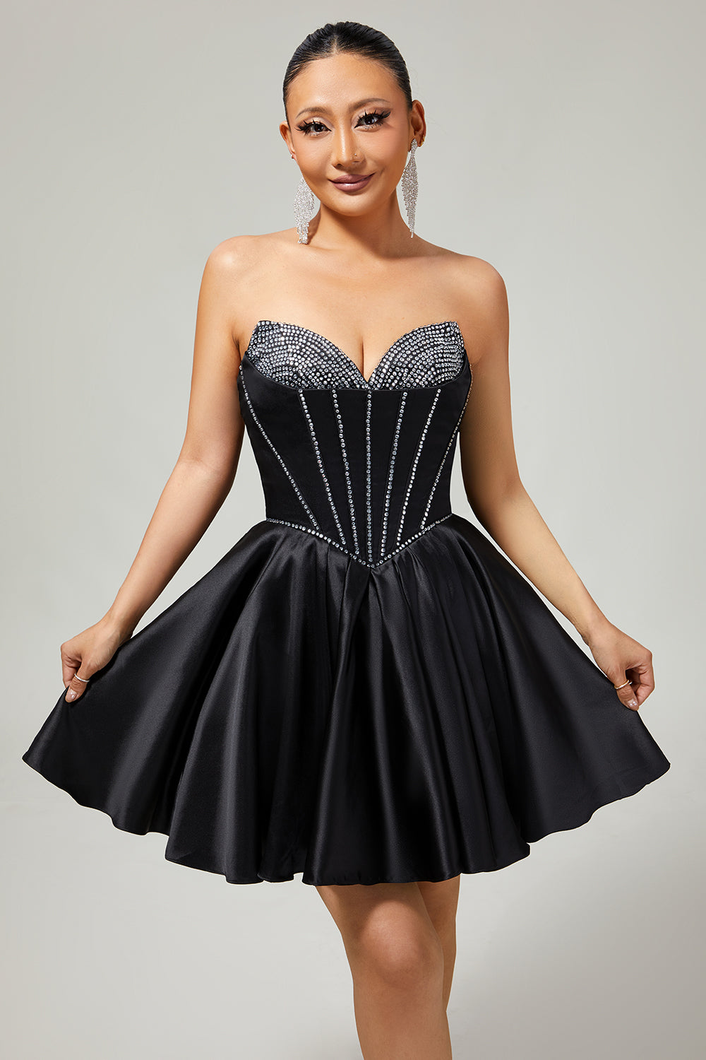 Sparkly Black Satin Corset Short Homecoming Dress with Bow