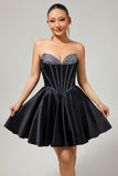 Sparkly Black Satin Corset Short Homecoming Dress with Bow