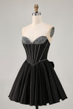 Sparkly Black Satin Corset Short Homecoming Dress with Bow