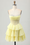 Sparkly Yellow Corset A Line Short Homecoming Dress with Beading