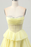 Sparkly Yellow Ruffled Corset Sweetheart Short Homecoming Dress with Beading