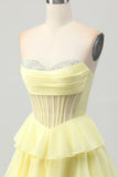 Sparkly Yellow Ruffled Corset Sweetheart Short Homecoming Dress with Beading
