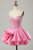 Sparkly Pink Corset Strapless Short Homecoming Dress with Rhinestones