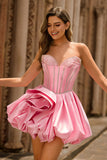Sparkly Pink Corset Satin Short Sweetheart Homecoming Dress with Rhinestones