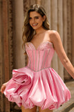 Sparkly Pink Corset Satin Short Sweetheart Homecoming Dress with Rhinestones