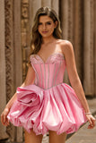 Sparkly Pink Corset Satin Short Sweetheart Homecoming Dress with Rhinestones
