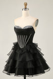 Sparkly Pink Ruffled Short Corset Homecoming Dress with Beading