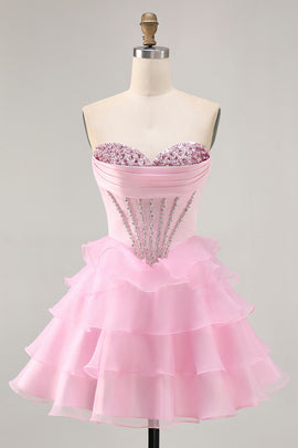 Sparkly Pink Ruffled Short Corset Homecoming Dress with Beading