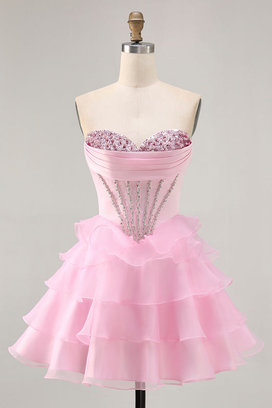 Sparkly Pink Ruffled Short Corset Homecoming Dress with Beading