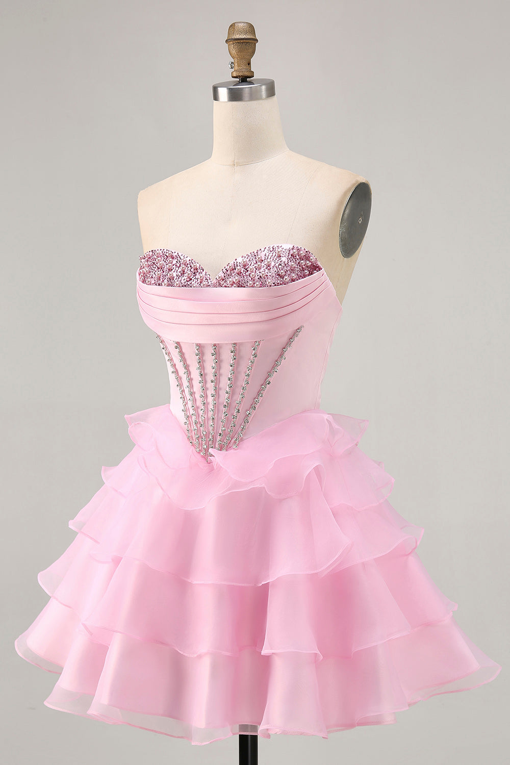 Sparkly Pink Ruffled Short Corset Homecoming Dress with Beading