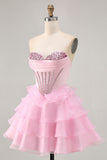 Sparkly Pink Ruffled Short Corset Homecoming Dress with Beading