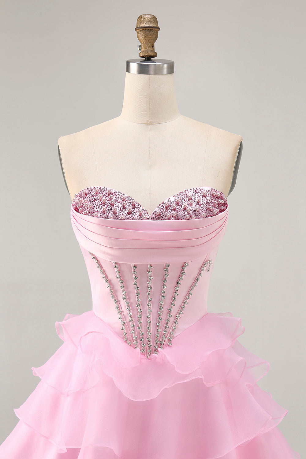 Sparkly Pink Ruffled Short Corset Homecoming Dress with Beading