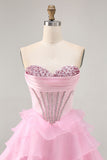 Sparkly Pink Ruffled Short Corset Homecoming Dress with Beading