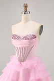 Sparkly Pink Ruffled Short Corset Homecoming Dress with Beading