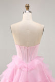 Sparkly Pink Ruffled Short Corset Homecoming Dress with Beading
