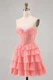 Sparkly Blush Sweetheart Short Corset Homecoming Dress with Ruffles
