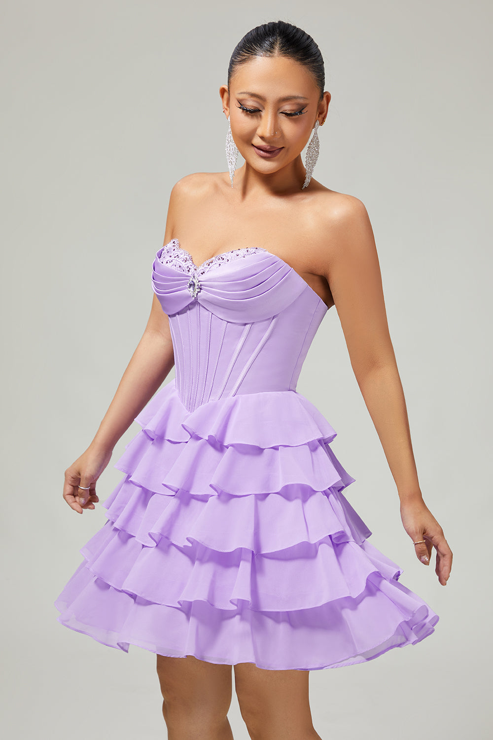 Zapakasa Women Sparkly Blush Chiffon Short Corset Homecoming Dress with Ruffles A Line Tiered Ruched Sweetheart Cocktail Dress with Rhinestones Zapakasa Women Sparkly Blush Chiffon Short Corset Homecoming Dress with Ruffles A Line Tiered Ruched Sweetheart Cocktail Dress with Rhinestones