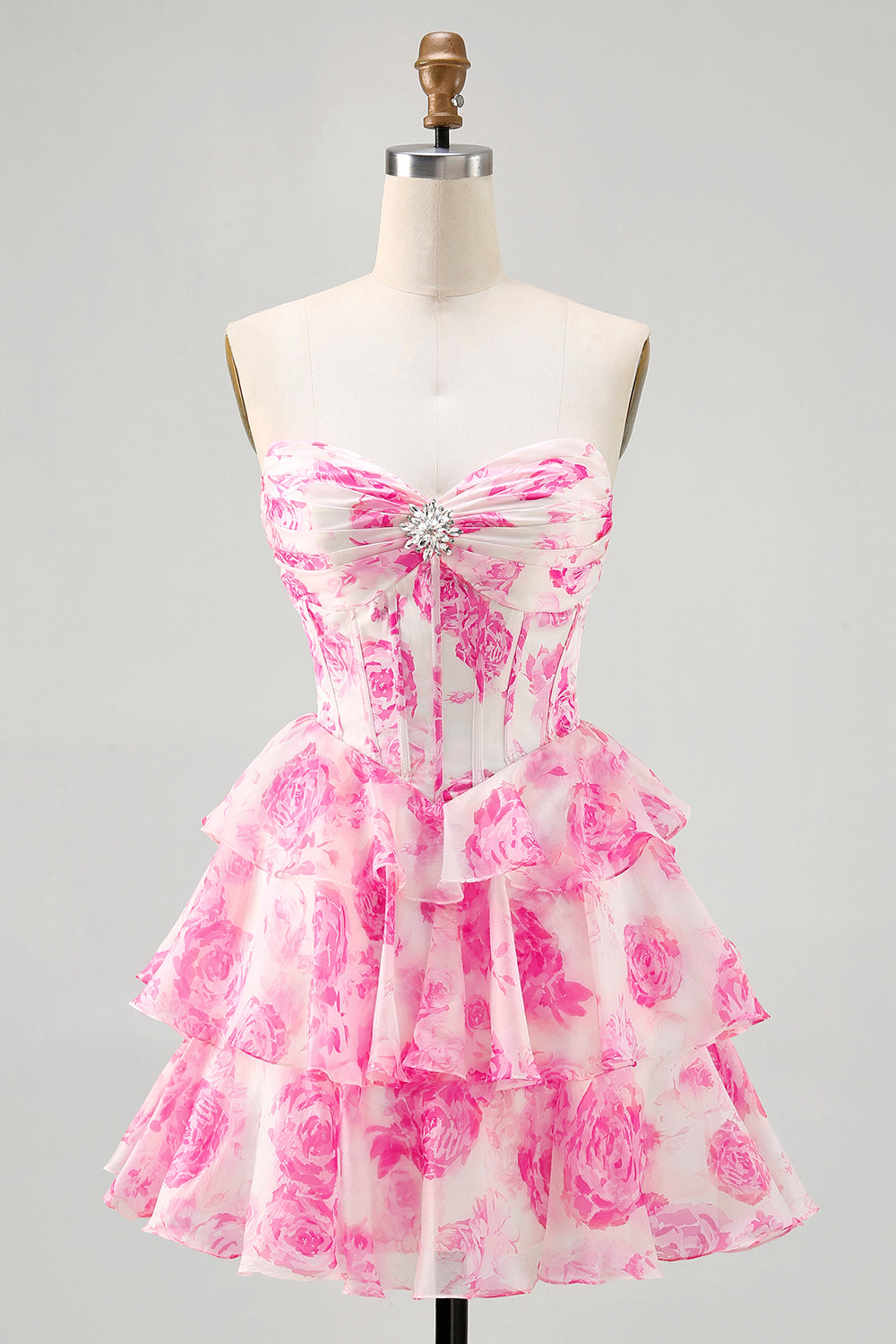 Sparkly Fuchsia Floral Corset A Line Tiered Short Homecoming Dress