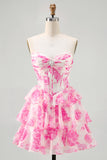Sparkly Fuchsia Floral Short Corset Homecoming Dress with Rhinestones A Line Strapless Ruched Tiered Cocktail Dress with Ruffles