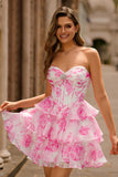 Sparkly Fuchsia Floral Corset Short Homecoming Dress with Rhinestones Tiered Sweetheart A Line Cocktail Dress with Ruffles