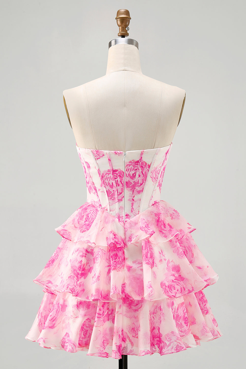 Sparkly Fuchsia Floral Corset A Line Tiered Short Homecoming Dress