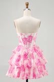 Sparkly Fuchsia Floral Corset A Line Tiered Short Homecoming Dress