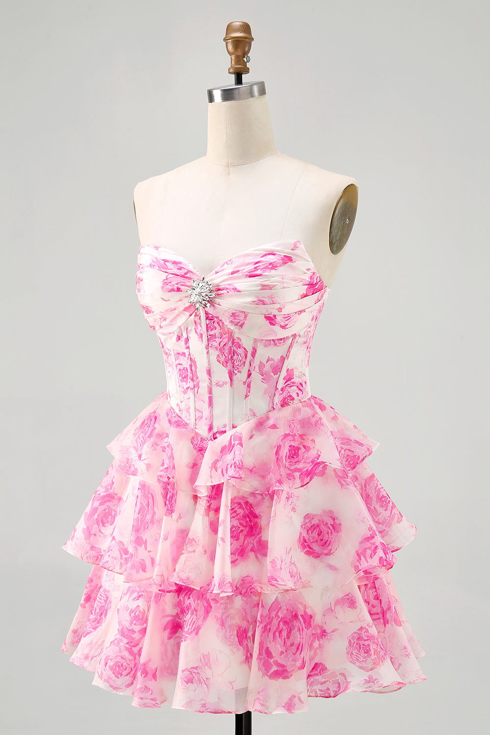 Sparkly Fuchsia Floral Short Corset Homecoming Dress with Rhinestones
