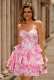 Sparkly Fuchsia Floral Corset A Line Tiered Short Homecoming Dress